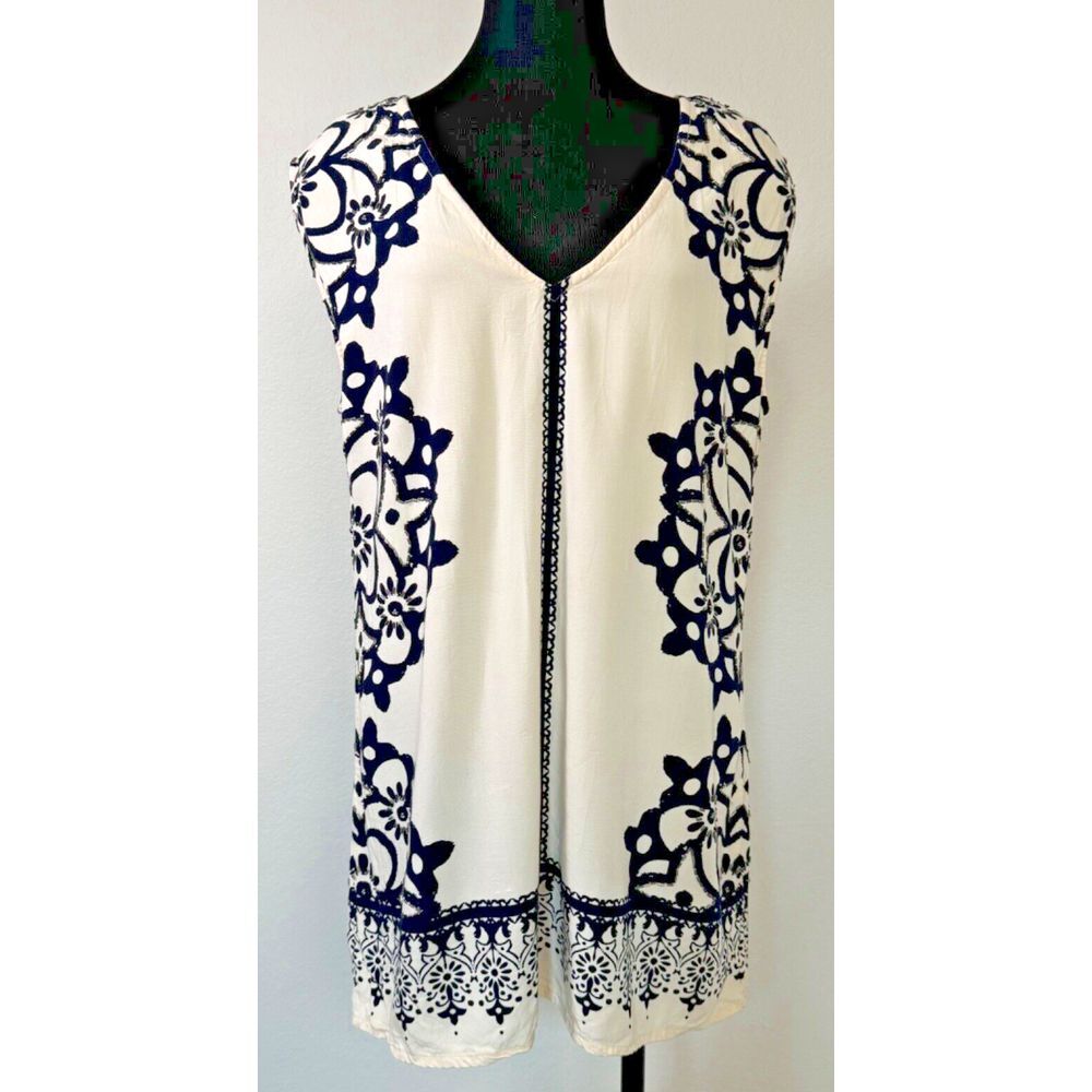 Free People Geodesic Dunes Mini Dress Size Medium Beaded Ivory Blue Shift Dress